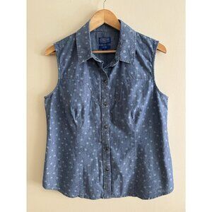 Vintage Pendleton Denim Button Up Sleeveless Chambray Blouse Large Polka Dot